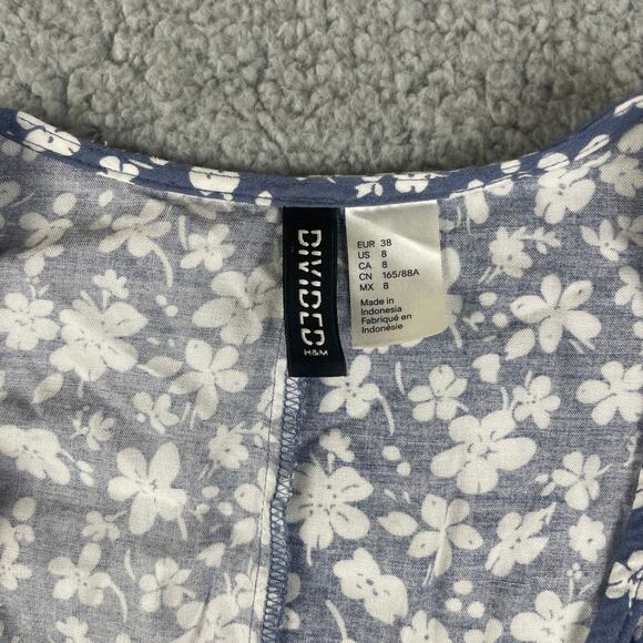Divided H&M Women's US 8 Blue White Flower Viscose Short Sleeve Tie Waist Dress - Picture 3 of 10
